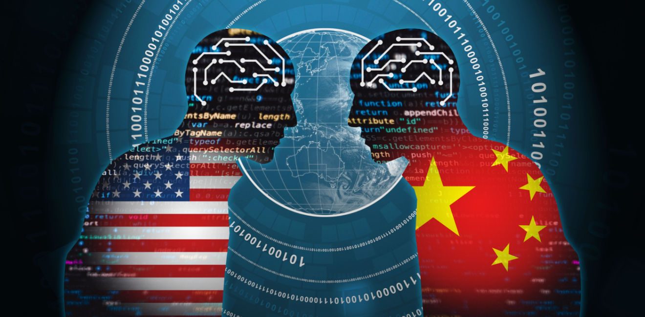 Two silhouettes overlaid with the Chinese and American flag face off  