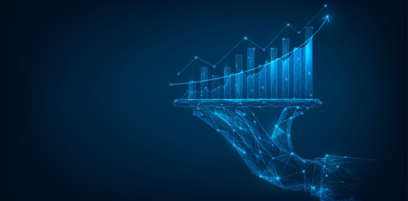 businessman hand holding tablet showing graph growth stock. finance forex trading technology. Economy trends investment concept. vector illustration digital design. isolated on blue dark background.