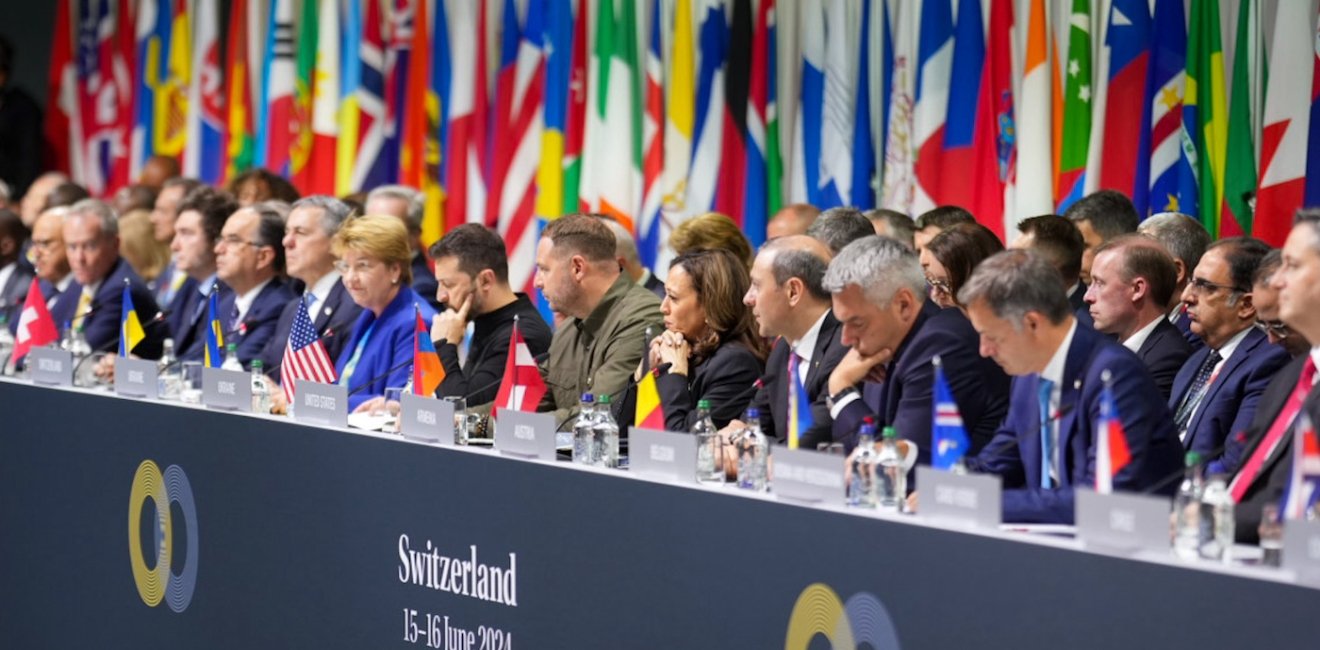 President of Ukraine Volodymyr Zelensky and Vice President Kamala Harris attend the Summit on Peace in Ukraine held in Switzerland on June 15, 2024.