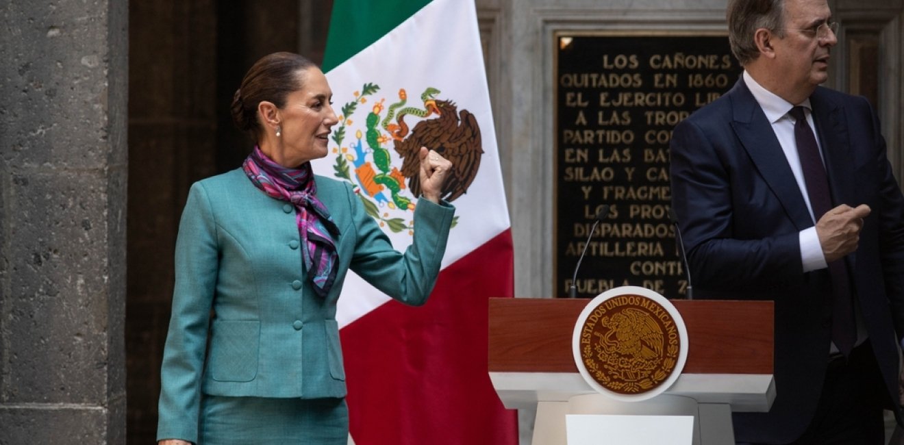 Mexico City, Mexico October 15 2024. Claudia Sheinbaum Pardo, president of Mexico at a press conference after the CEO Dialogue meeting at the National Palace. She is accompanied by Marcelo Ebrard.