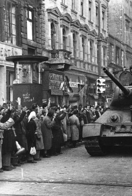A crowd cheers Hungarian troops in Budapest.