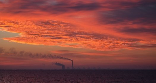 View from sunrise or sunset Zaporozhye nuclear power plant in Energodar, Ukraine