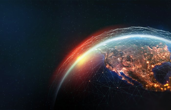 Earth view from space. Global network. Blockchain technology. Planet and communication. Future world 3D illustration. Elements of this image are furnished by NASA