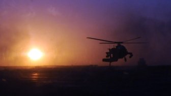 A helicopter takes off in Afghanistan.