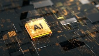 A graphic depicting a computer motherboard with a golden chip labeled AI