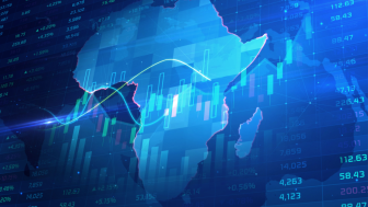 Outline of Africa on top of stylized stock data and trends