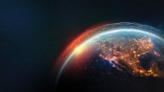 Earth view from space. Global network. Blockchain technology. Planet and communication. Future world 3D illustration. Elements of this image are furnished by NASA