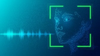 A blue audio wave coming from the mouth of a synthetic person