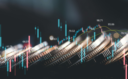 Financial chart trending upward with coins in the background