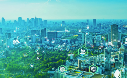 Photo of city interconnected by different green technology icons