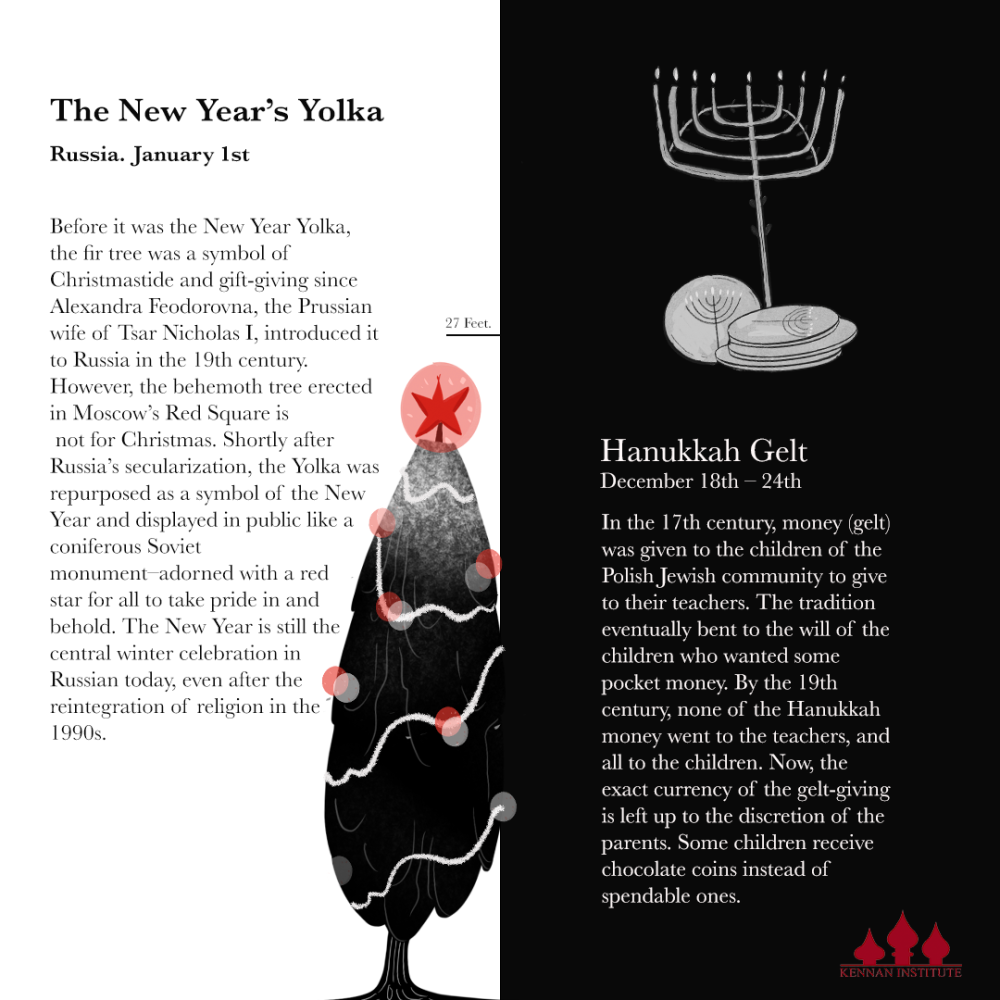 A tall coniferous tree topped with a red star, a menorah, and Hanukkah coins.