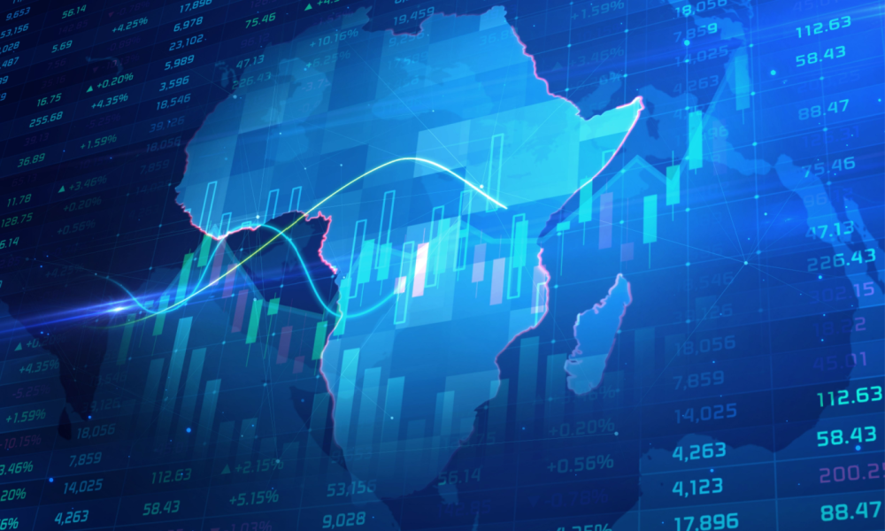 Outline of Africa on top of stylized stock data and trends