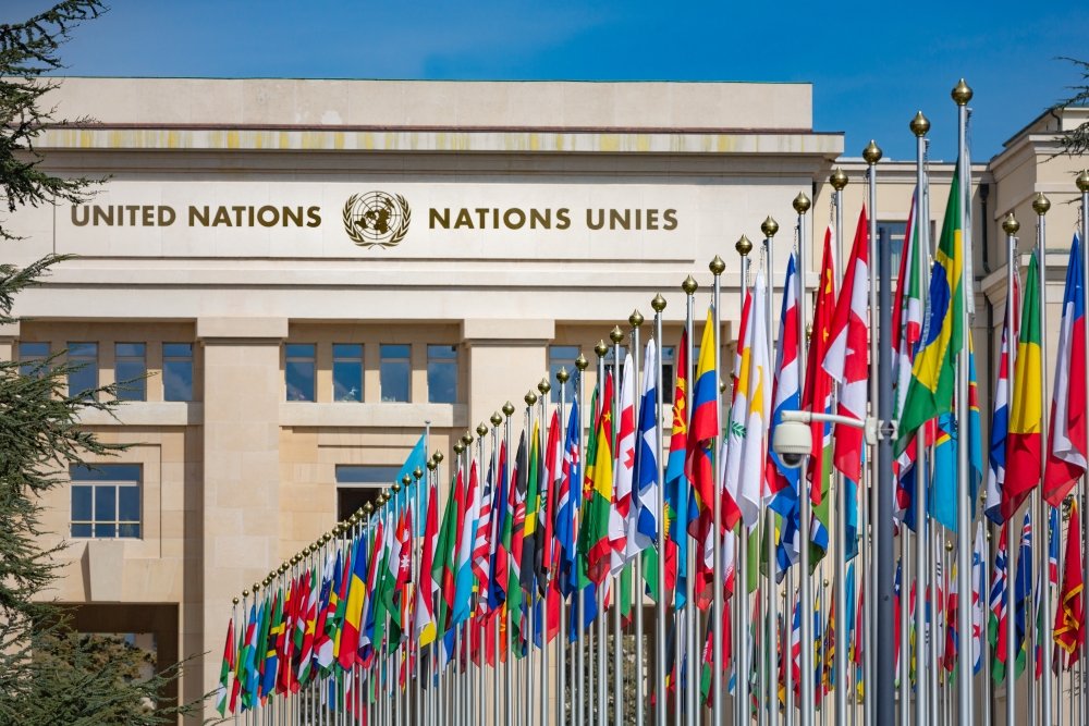 United Nations Building and the flags in Geneva Switzerland