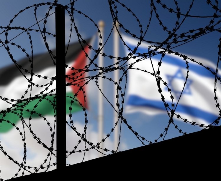 Flags of Israel and Palestine and barbed wire
