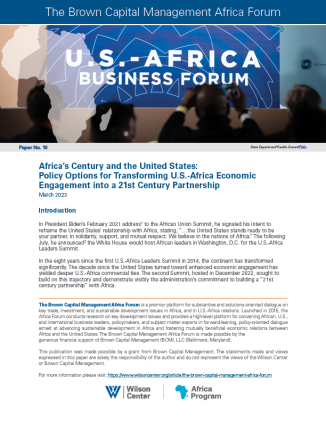 Cover for the Africa’s Century and the United States: Policy Options for Transforming U.S.-Africa Economic Engagement into a 21st Century Partnership publication
