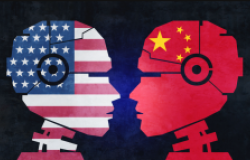 Two robots with Chinese and US flags stand face to face