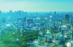 Photo of city interconnected by different green technology icons