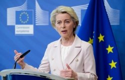 EU Commission President Ursula von der Leyen gives a presser following the announcement by Gazprom on the disruption of gas deliveries to certain EU Member States, in Brussels, Belgium, 27 April 2022